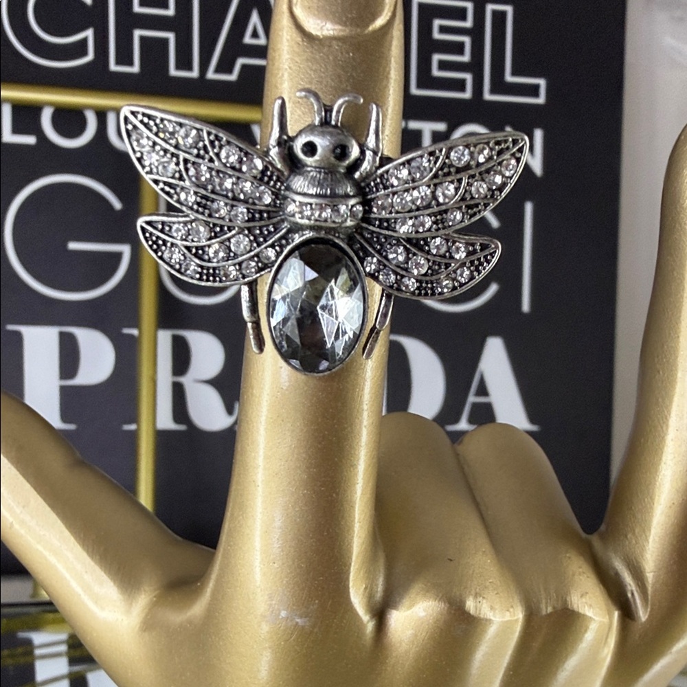 Silver-Tone Bee Ring with Clear Center Stone - Picture 3 of 8